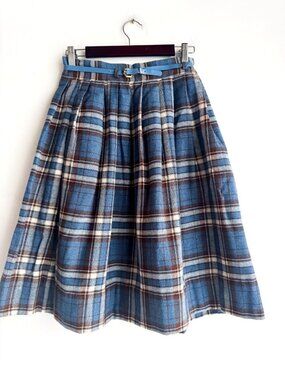 Vintage Wool Blend Plaid Pleated Midi Skirt S